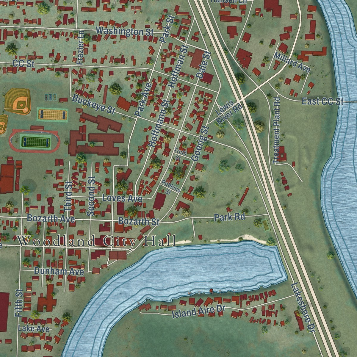 Close-up of the map of Woodland, Washington print showing street and building detail