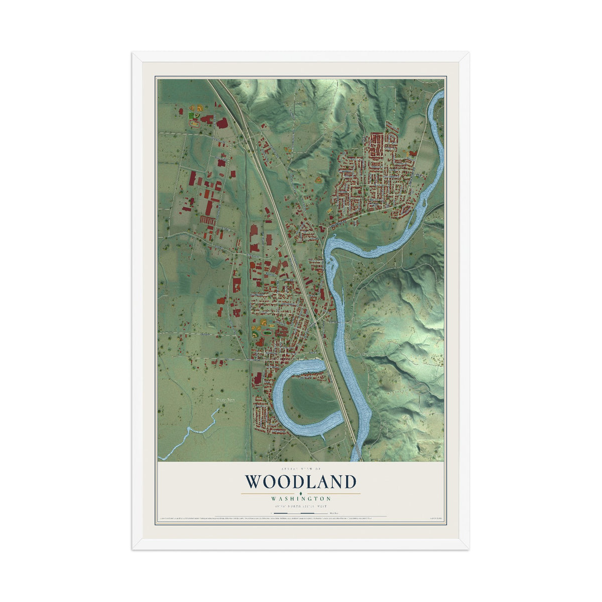 Map of Woodland, Washington, 12 x 18 inch print in a white wood frame