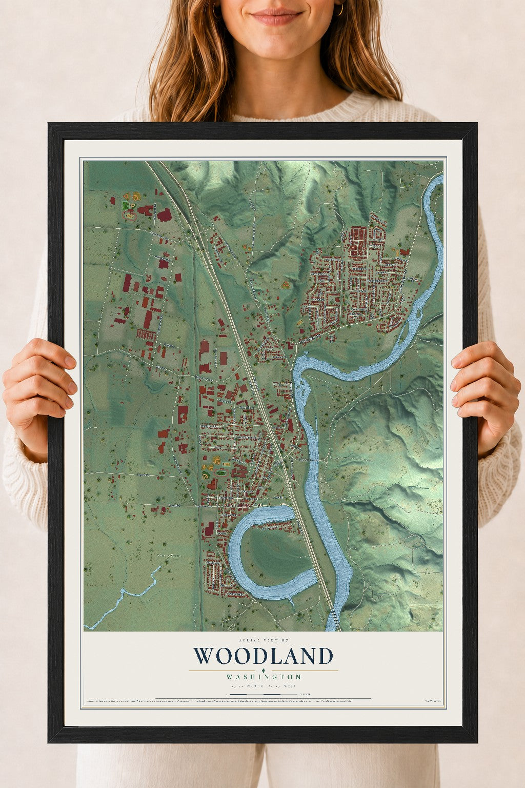Map of Woodland, Washington, 18 x 24 inch print in a black wood frame
