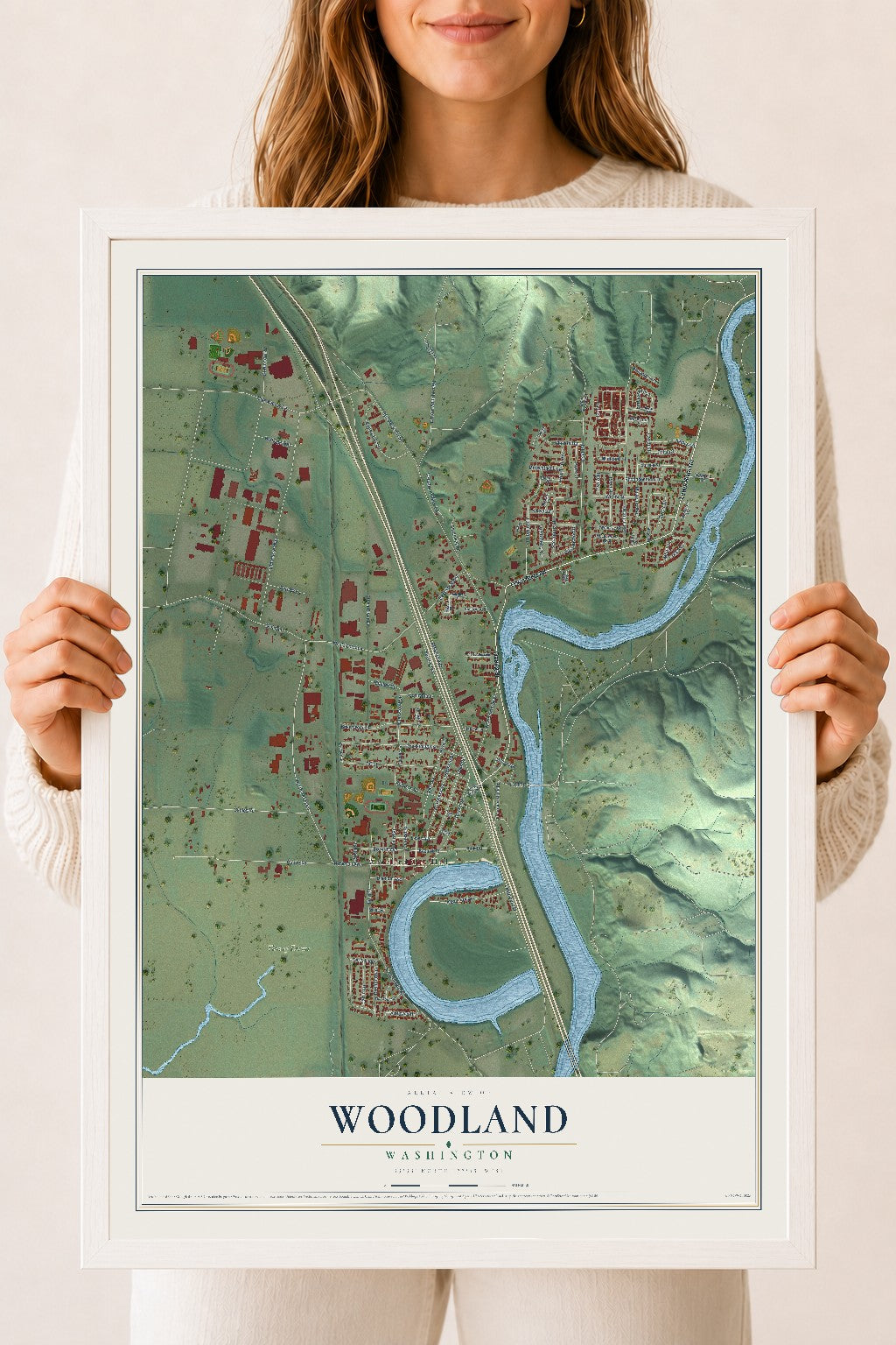Map of Woodland, Washington, 18 x 24 inch print in a white wood frame
