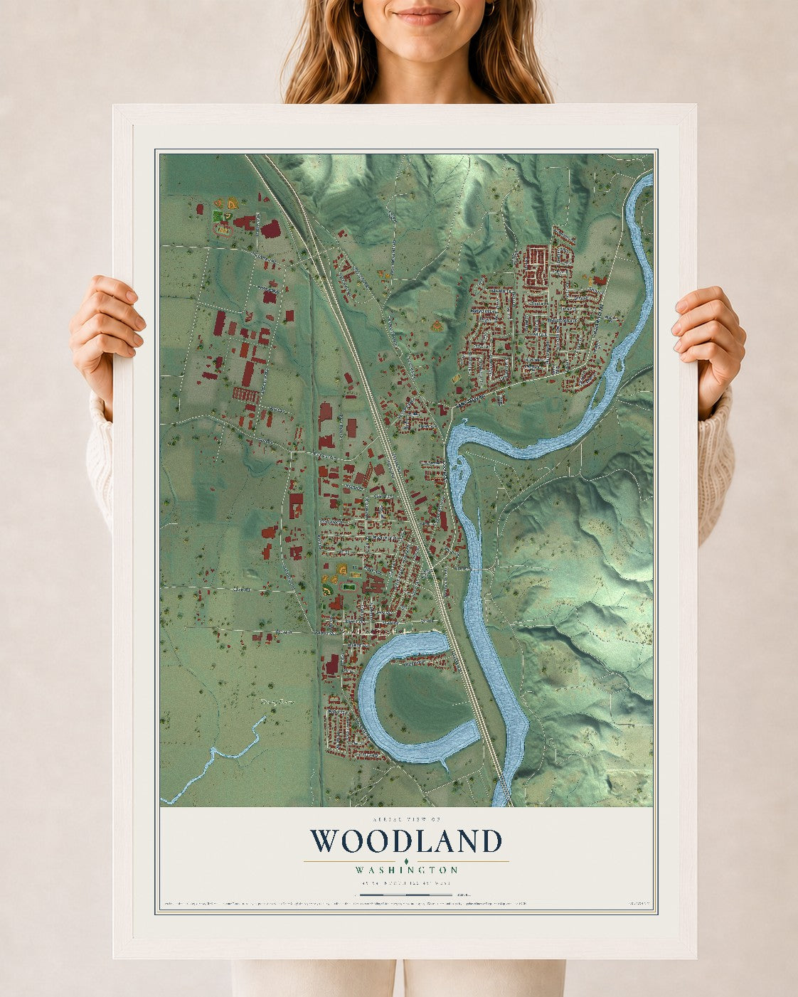 Map of Woodland, Washington, 24 x 36 inch print in a white wood frame