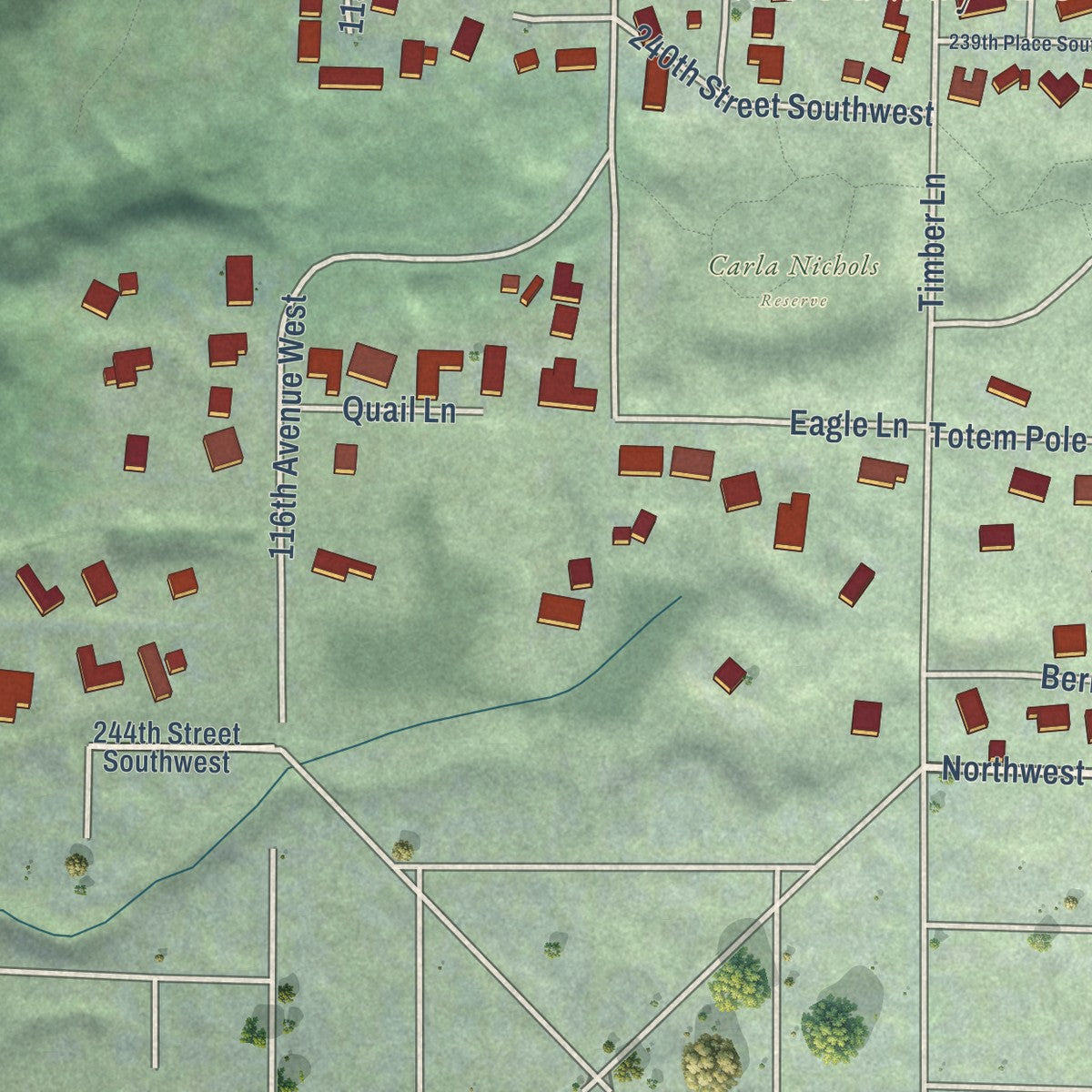 Second close-up of the map of Woodway, Washington print showing more streets and buildings