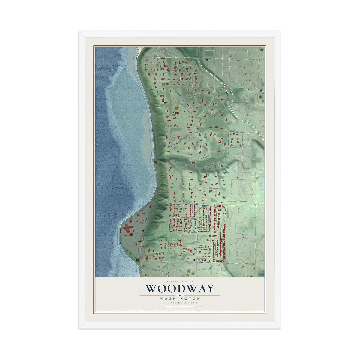 Map of Woodway, Washington, 12 x 18 inch print in a white wood frame
