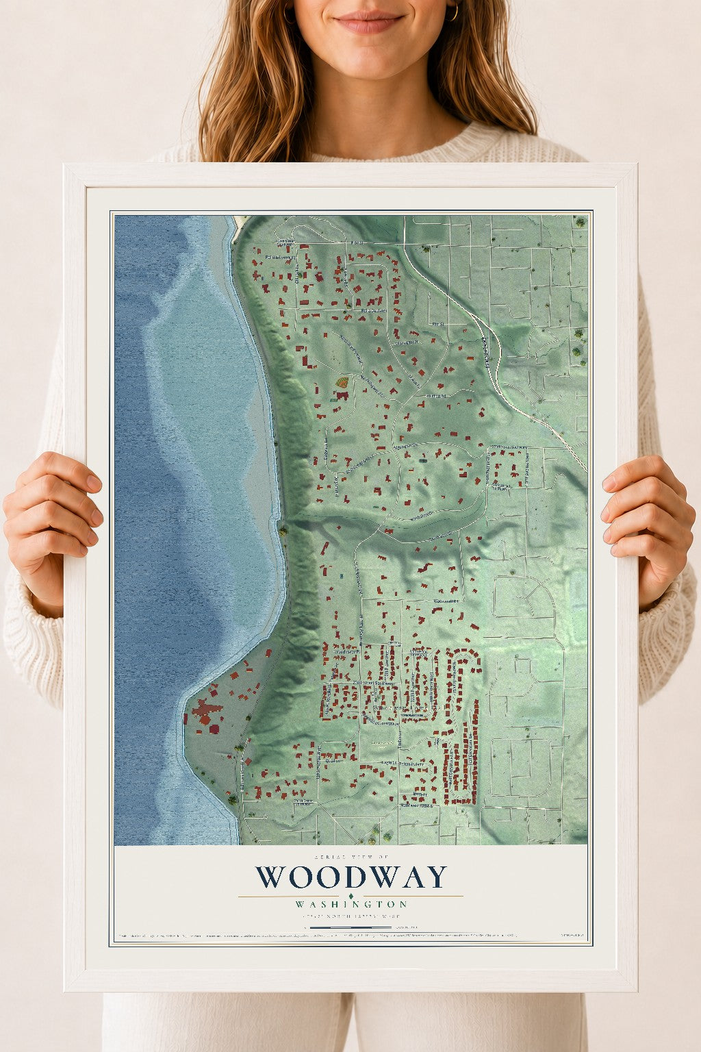Map of Woodway, Washington, 18 x 24 inch print in a white wood frame