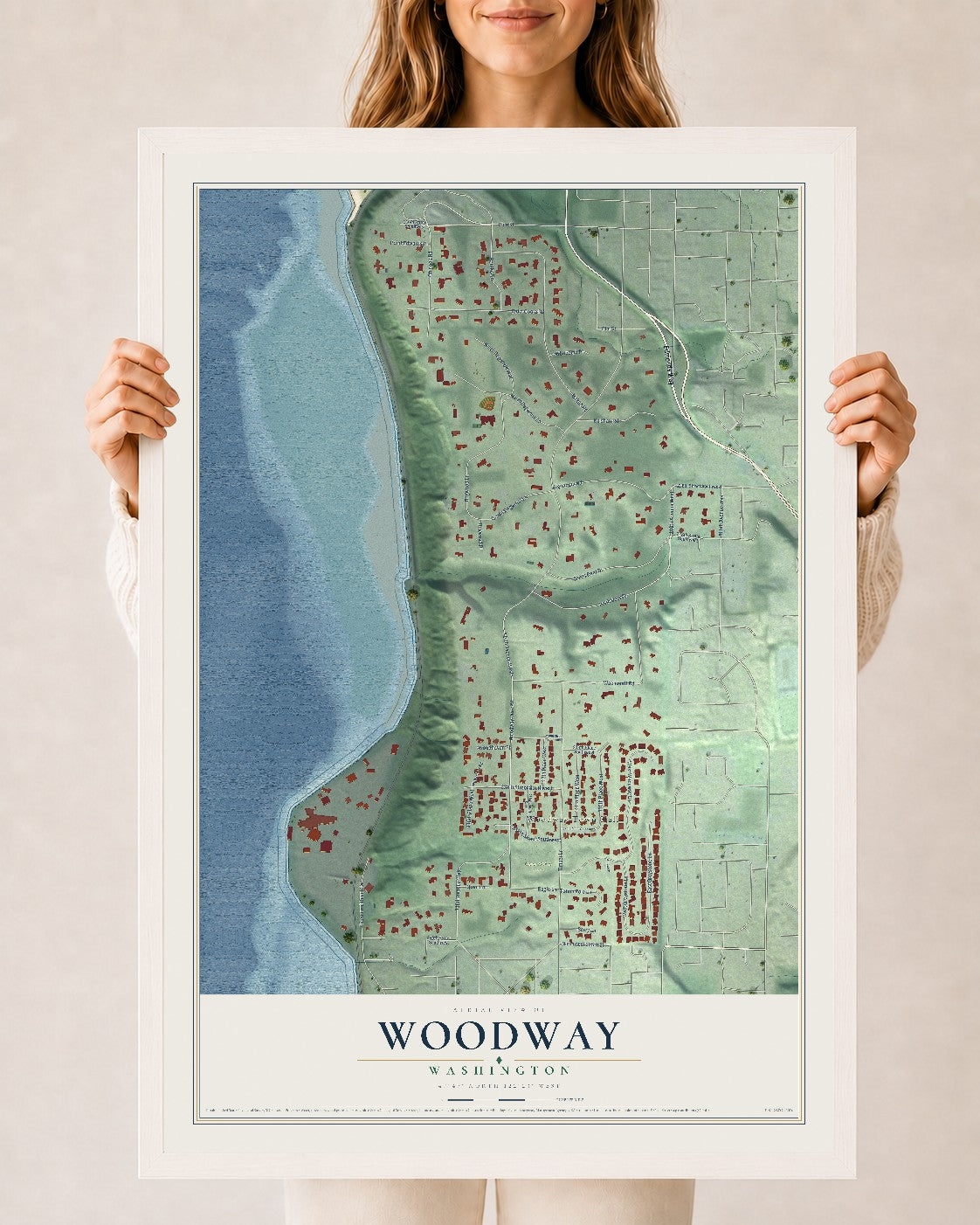 Map of Woodway, Washington, 24 x 36 inch print in a white wood frame