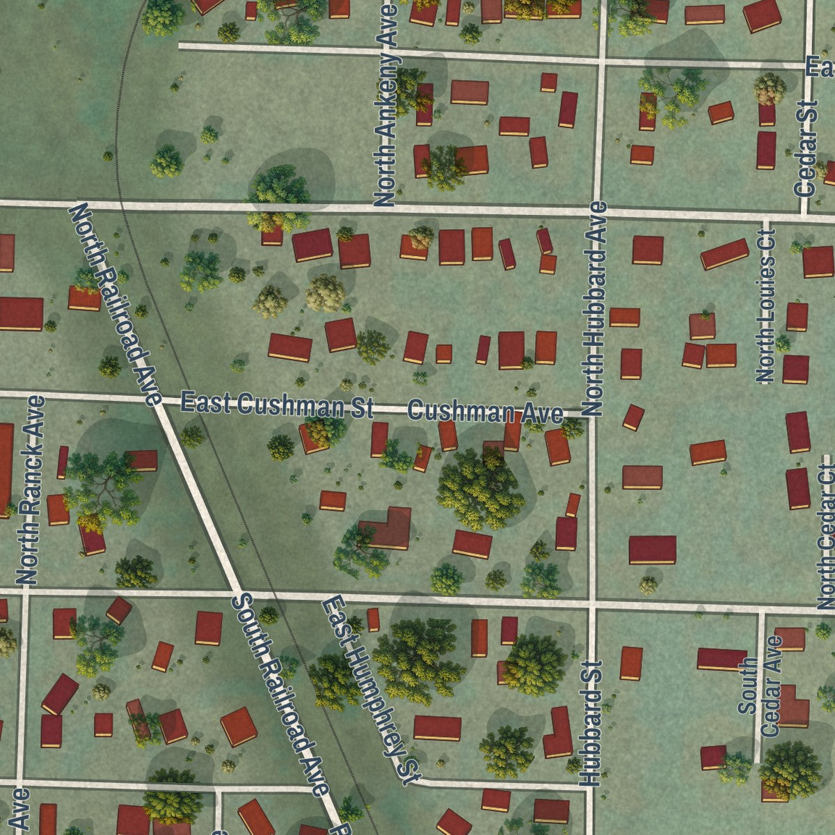 Close-up of the map of Yacolt, Washington print showing street and building detail