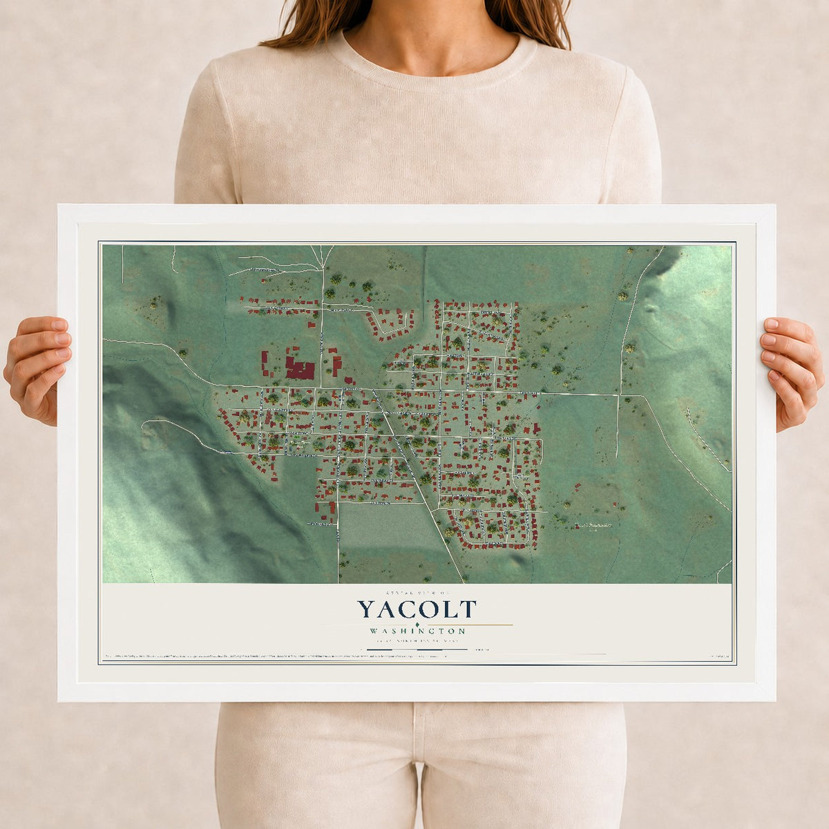 Map of Yacolt, Washington, 12 x 18 inch print in a white wood frame