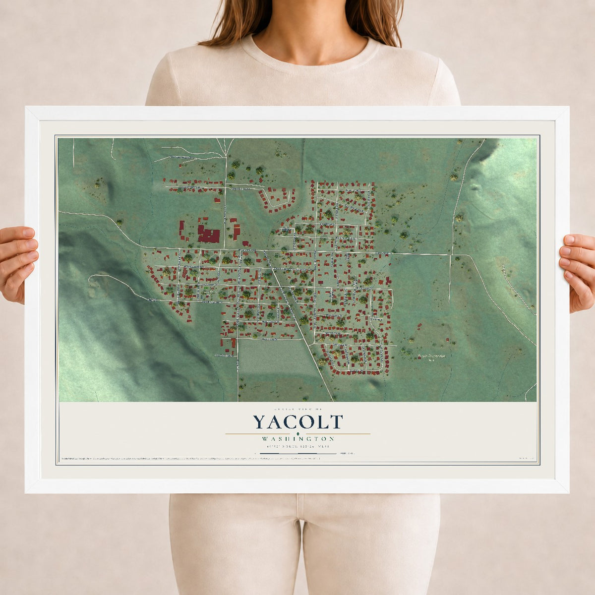 Map of Yacolt, Washington, 18 x 24 inch print in a white wood frame