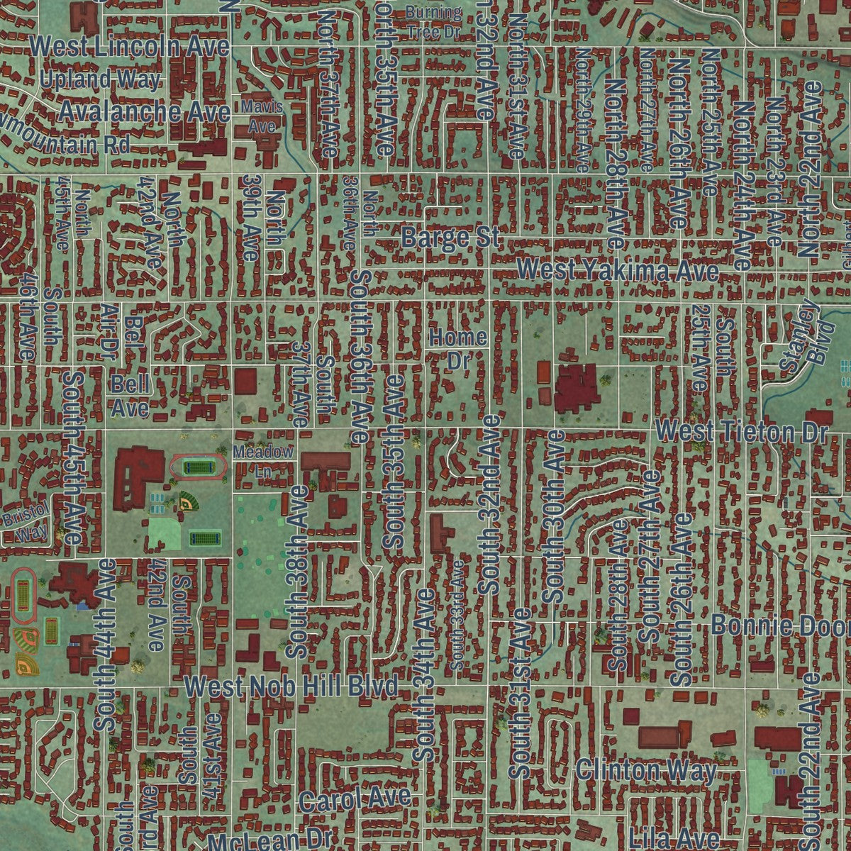 Close-up of the map of Yakima, Washington print showing street and building detail