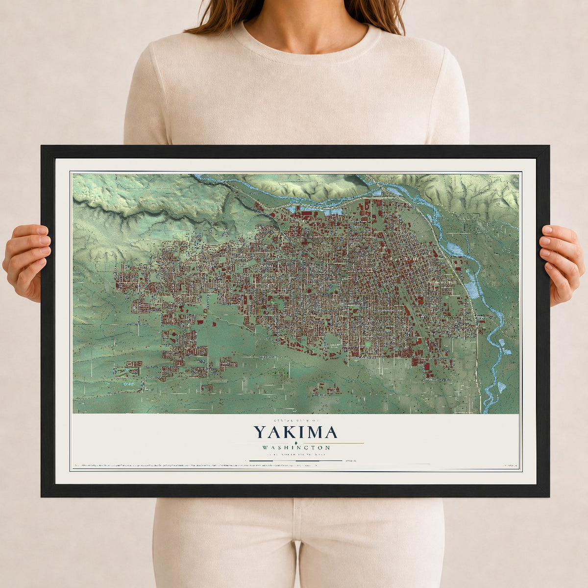 Map of Yakima, Washington, 12 x 18 inch print in a black wood frame