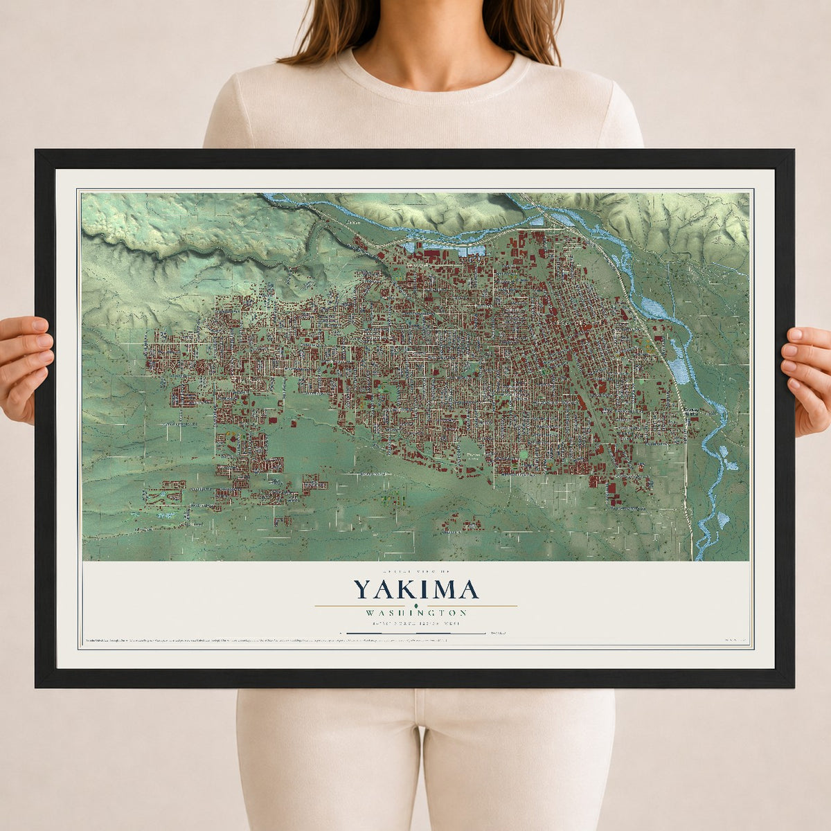 Map of Yakima, Washington, 18 x 24 inch print in a black wood frame