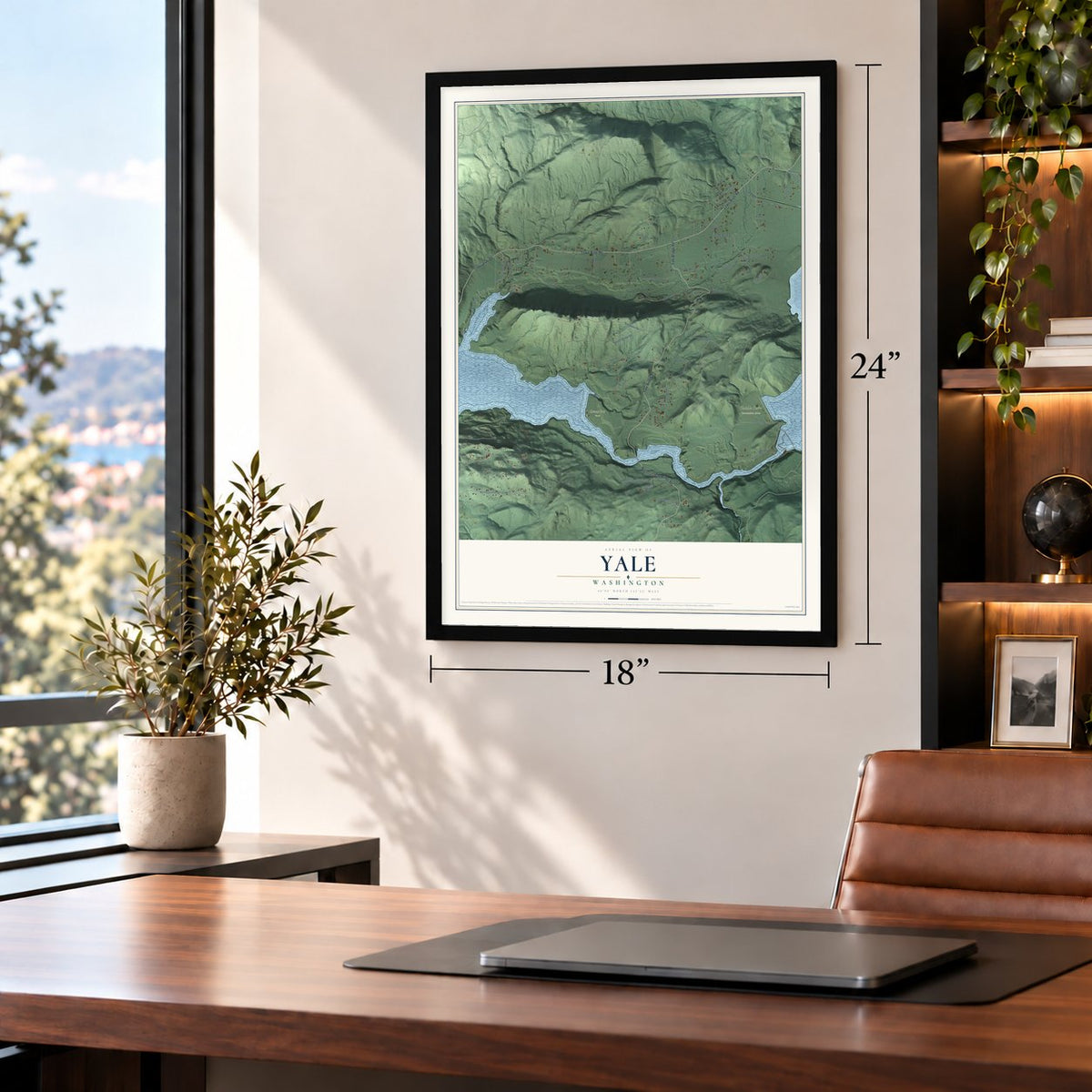 Yale, Washington map, 18 x 24 inch print in a black frame in a home office