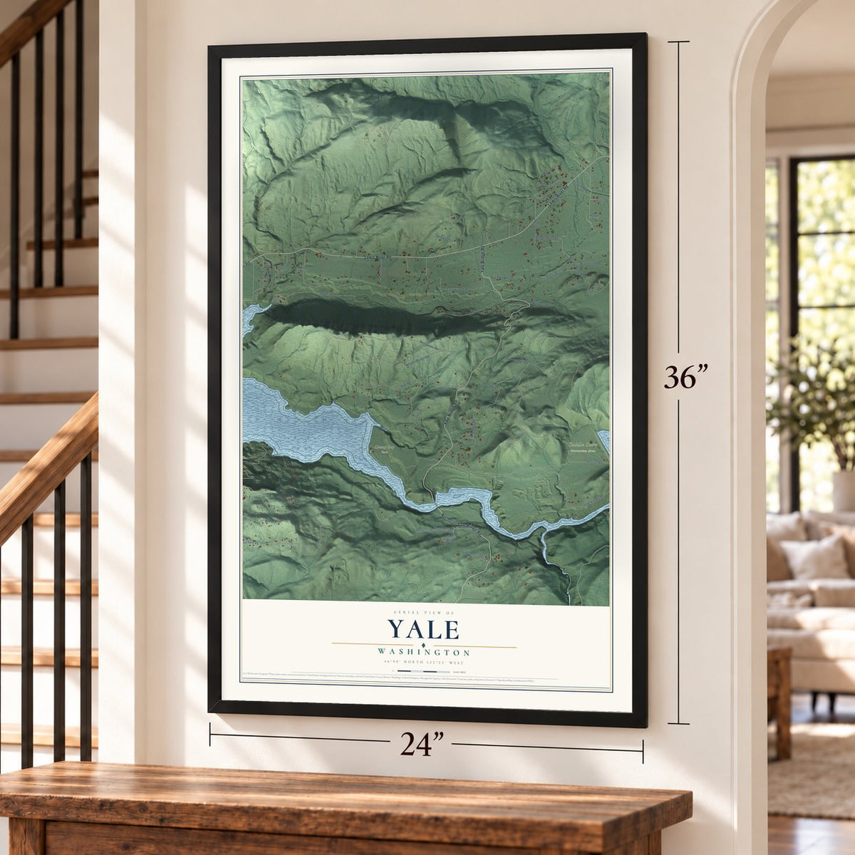 Yale, Washington map, 24 x 36 inch print in a black frame by a staircase