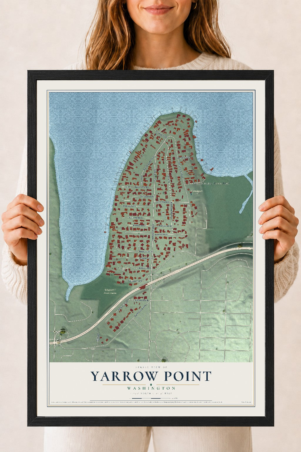 Map of Yarrow Point, Washington, 18 x 24 inch print in a black wood frame