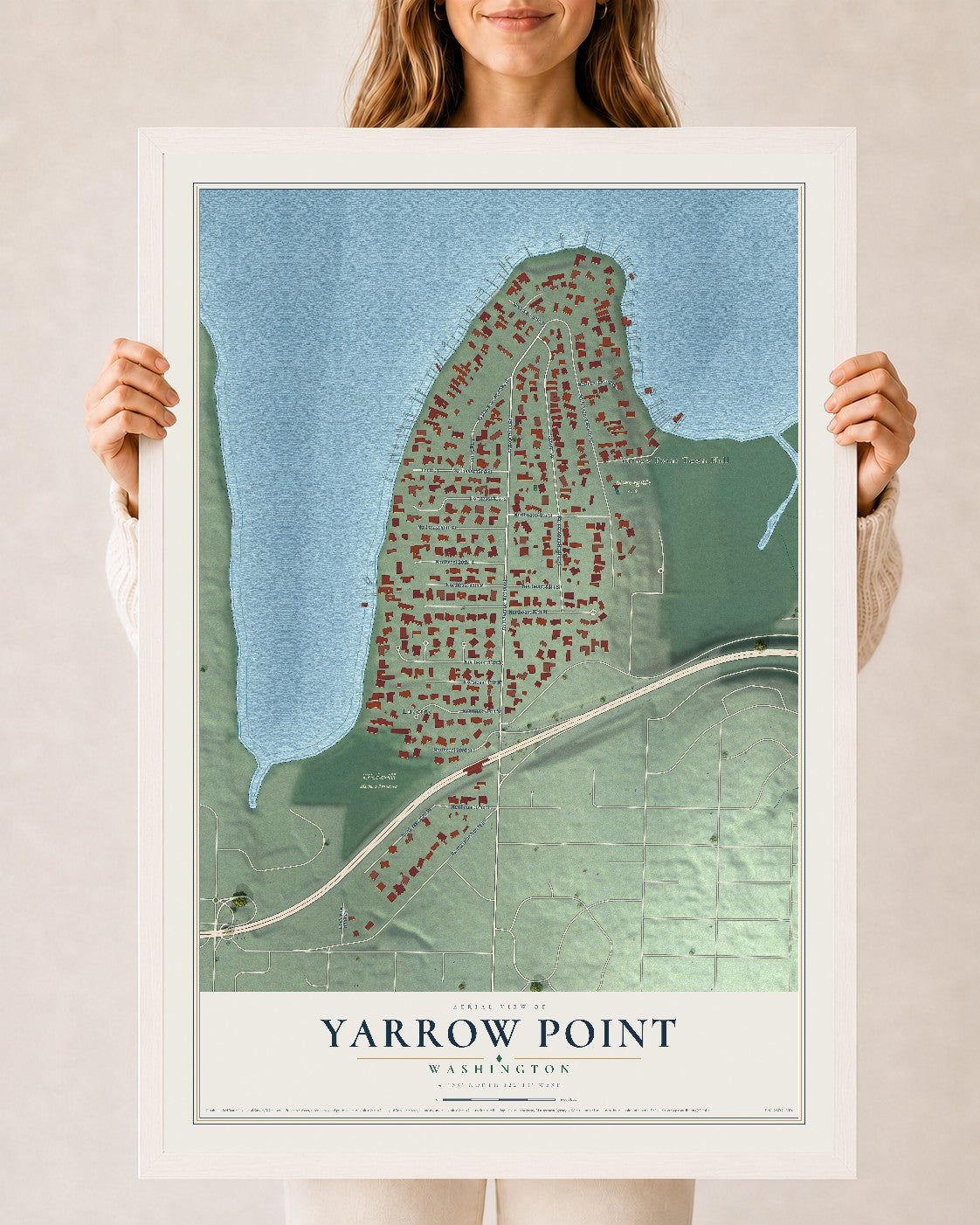 Map of Yarrow Point, Washington, 24 x 36 inch print in a white wood frame