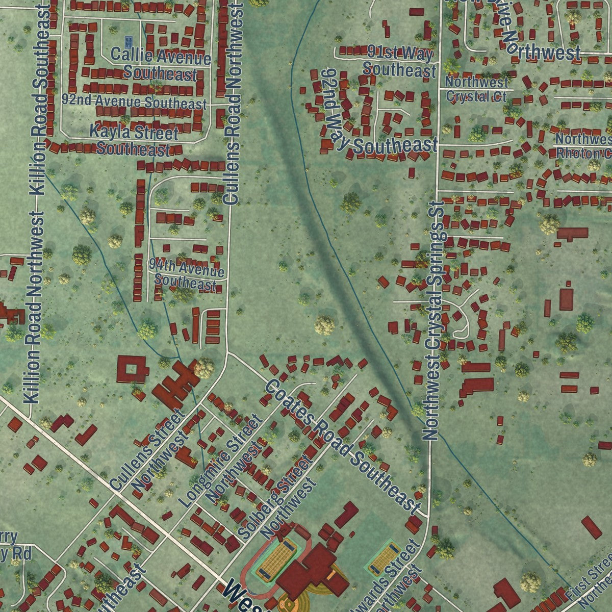 Close-up of the map of Yelm, Washington print showing street and building detail