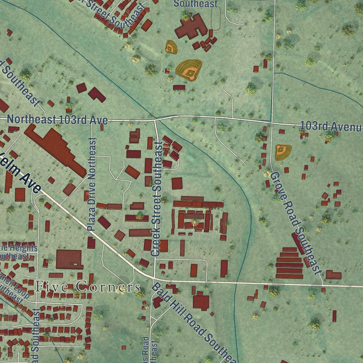 Second close-up of the map of Yelm, Washington print showing more streets and buildings