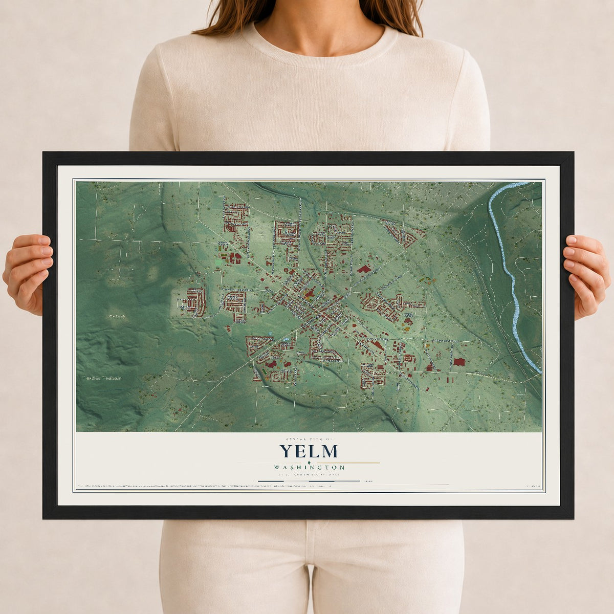 Map of Yelm, Washington, 12 x 18 inch print in a black wood frame