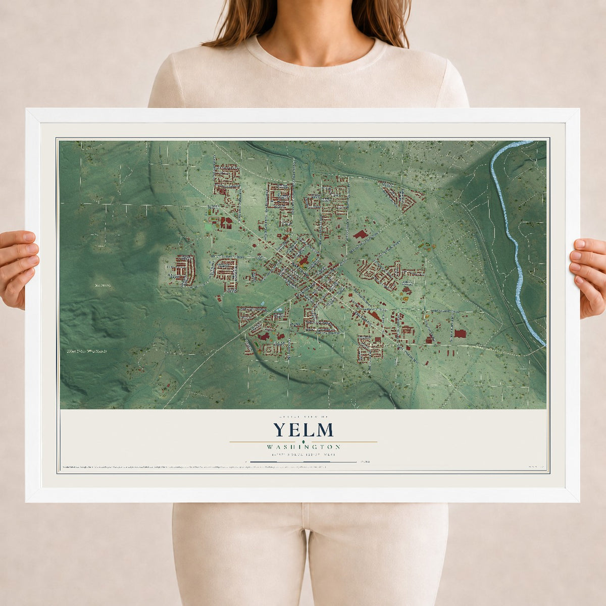 Map of Yelm, Washington, 18 x 24 inch print in a white wood frame