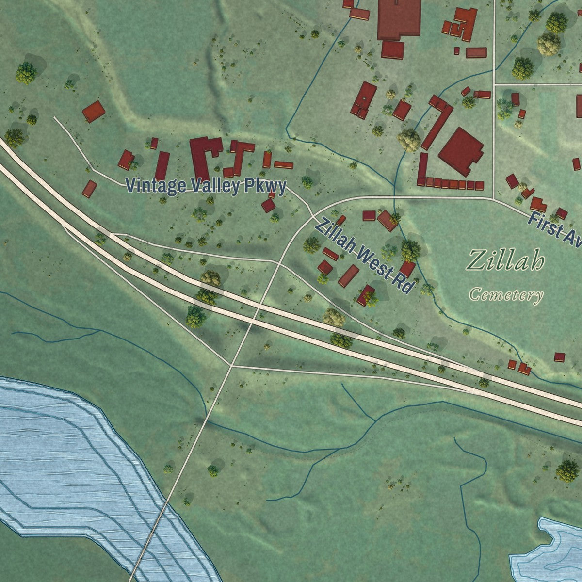 Second close-up of the map of Zillah, Washington print showing more streets and buildings