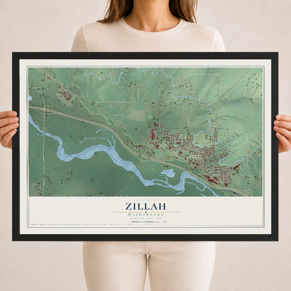 Map of Zillah, Washington, 18 x 24 inch print in a black wood frame