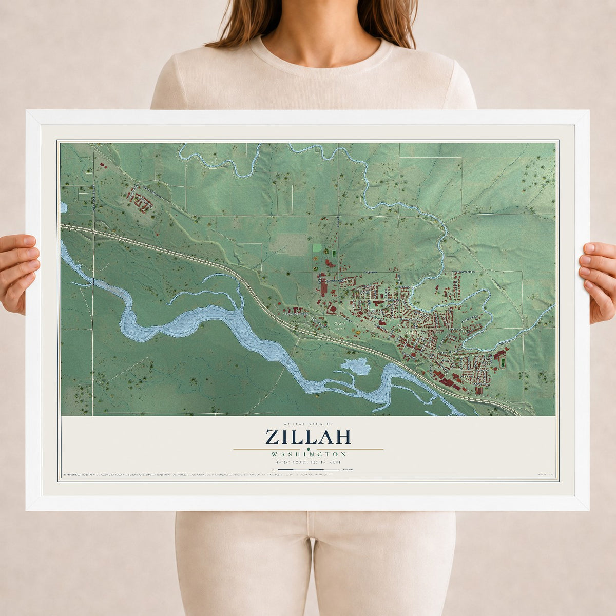 Map of Zillah, Washington, 18 x 24 inch print in a white wood frame