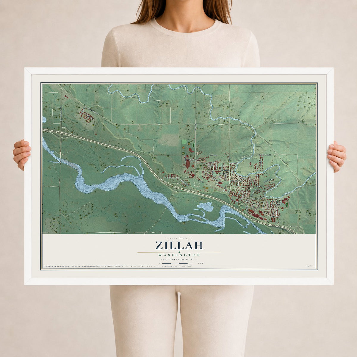 Map of Zillah, Washington, 24 x 36 inch print in a white wood frame