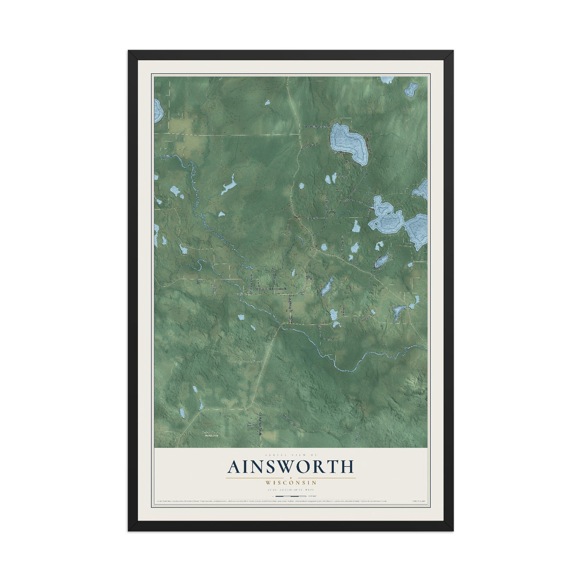 Map of Ainsworth, Wisconsin, 12 x 18 inch print in a black wood frame