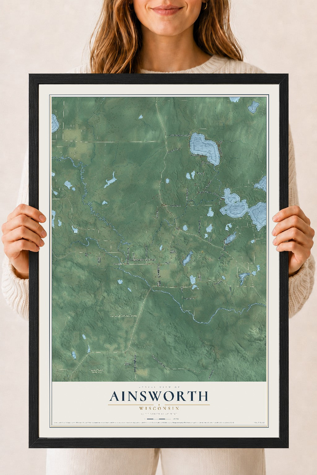 Map of Ainsworth, Wisconsin, 18 x 24 inch print in a black wood frame