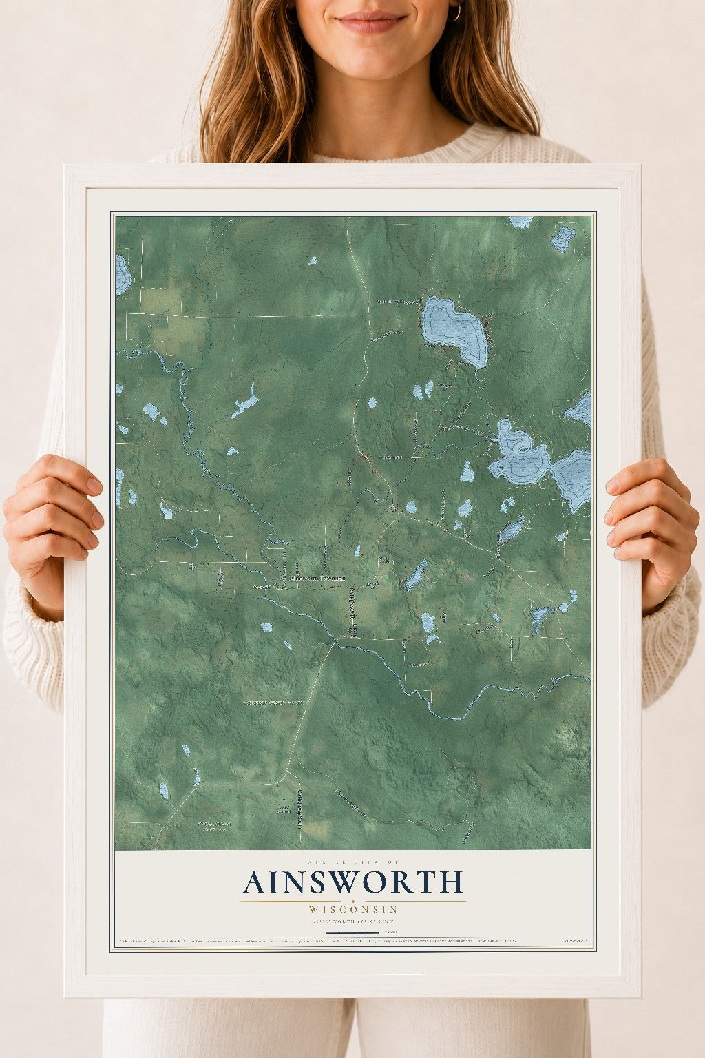 Map of Ainsworth, Wisconsin, 18 x 24 inch print in a white wood frame