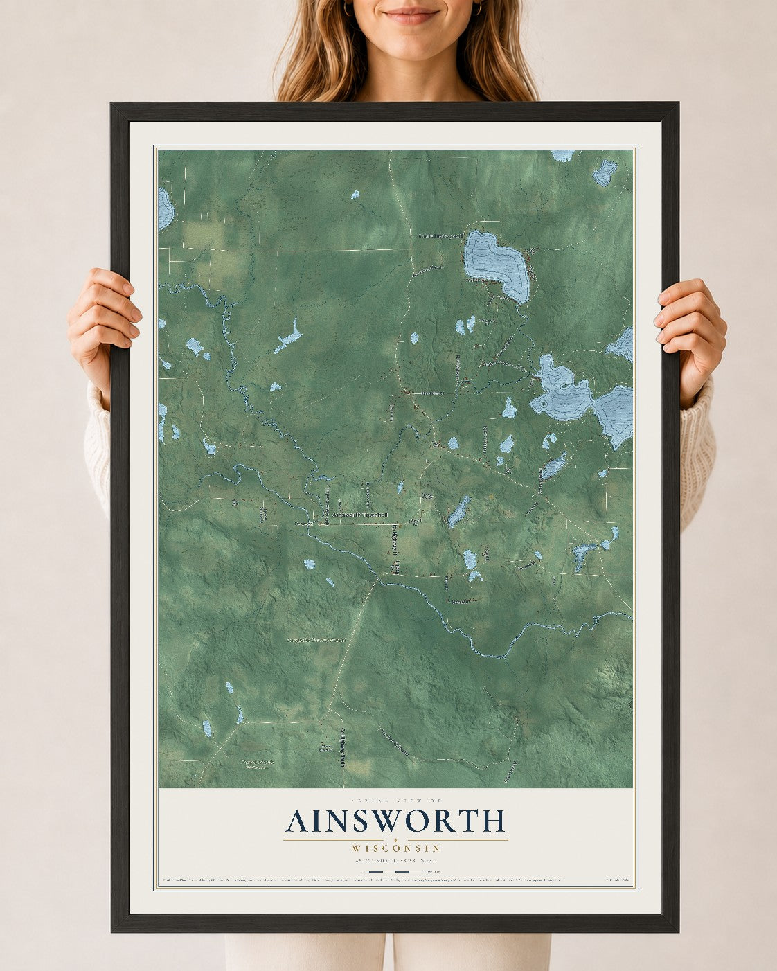 Map of Ainsworth, Wisconsin, 24 x 36 inch print in a black wood frame