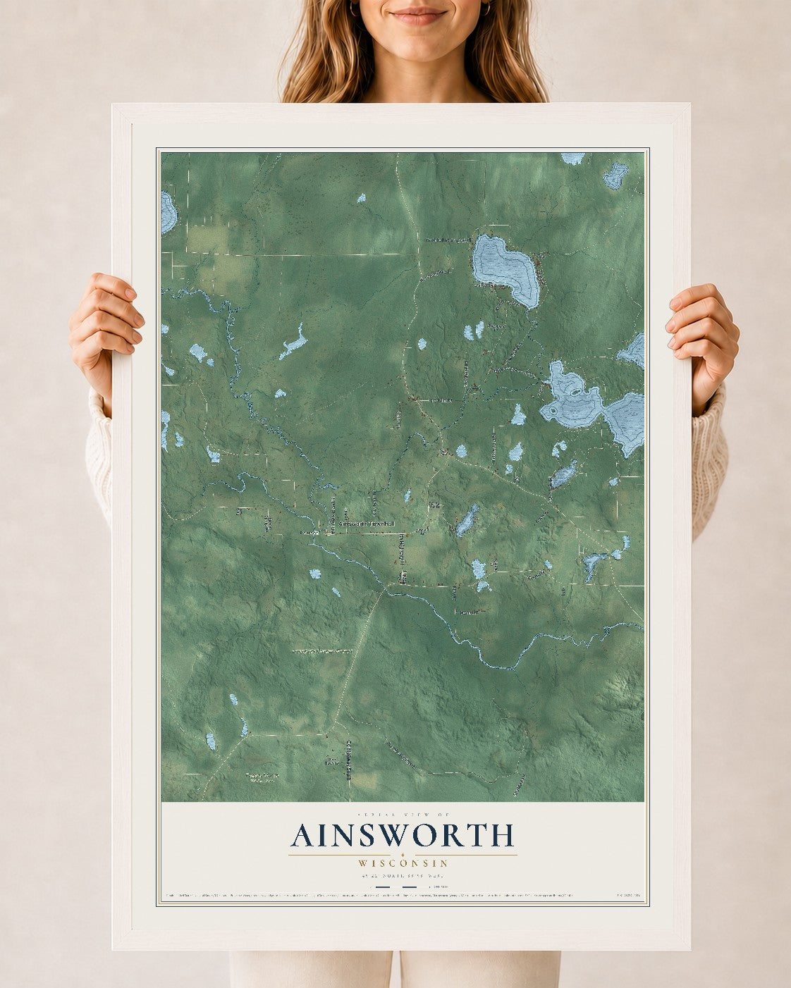 Map of Ainsworth, Wisconsin, 24 x 36 inch print in a white wood frame