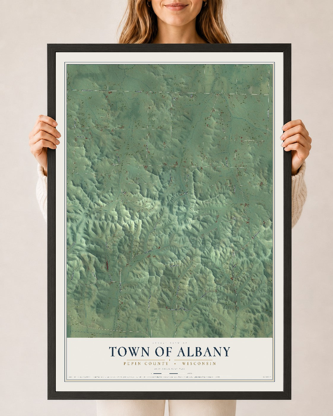 Map of the Town of Albany, Pepin County, Wisconsin, 24 x 36 inch print in a black wood frame