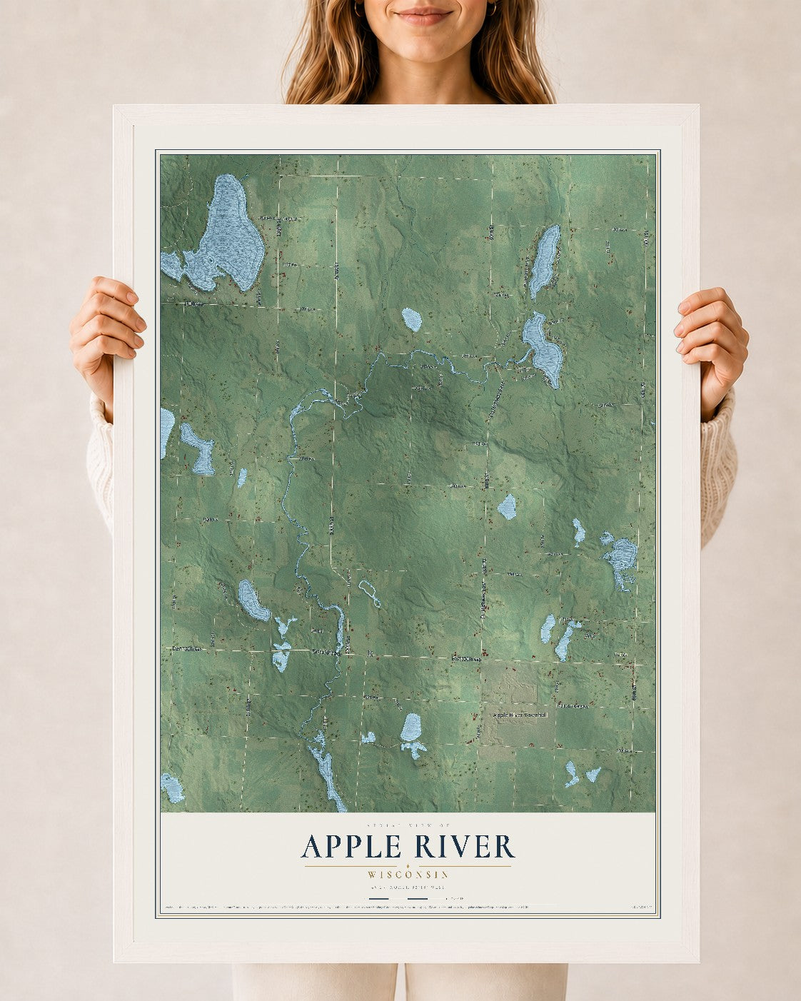 Map of Apple River, Wisconsin, 24 x 36 inch print in a white wood frame