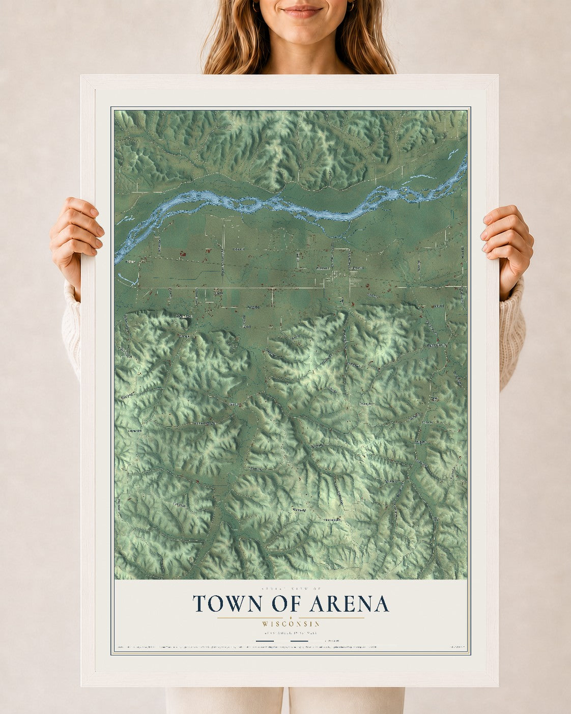 Map of the Town of Arena, Wisconsin, 24 x 36 inch print in a white wood frame