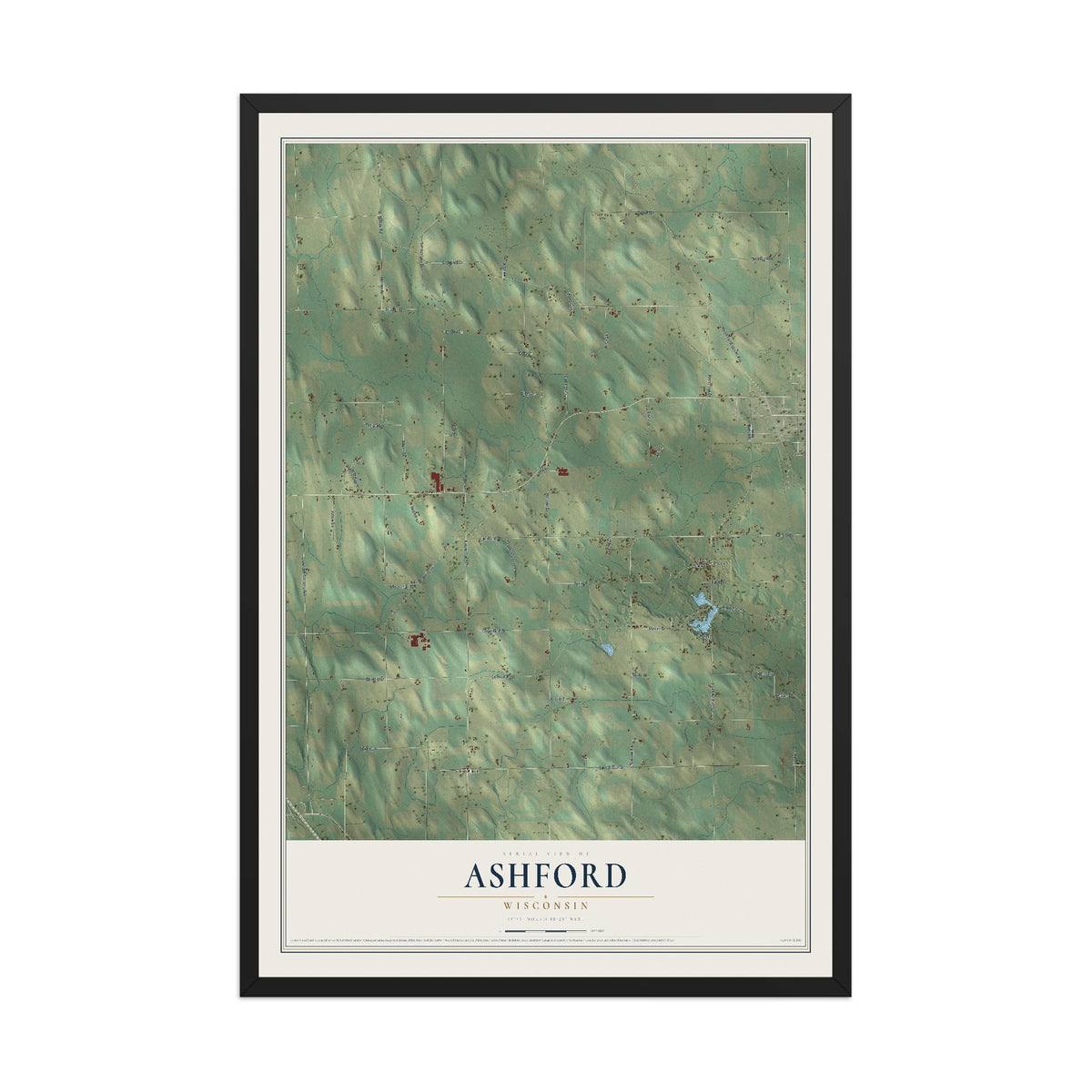 Map of Ashford, Wisconsin, 12 x 18 inch print in a black wood frame