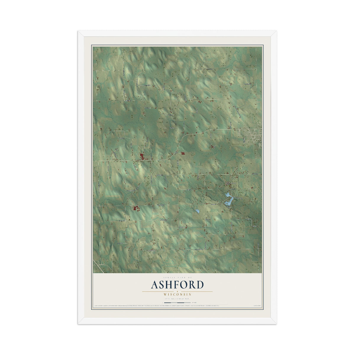 Map of Ashford, Wisconsin, 12 x 18 inch print in a white wood frame