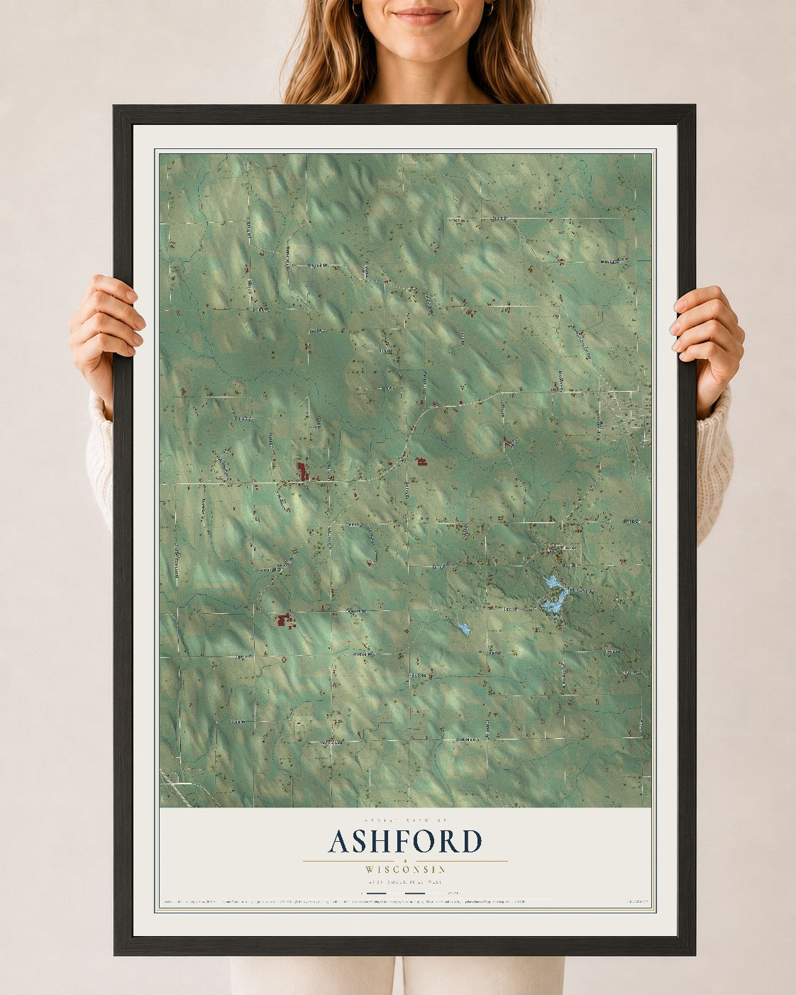 Map of Ashford, Wisconsin, 24 x 36 inch print in a black wood frame