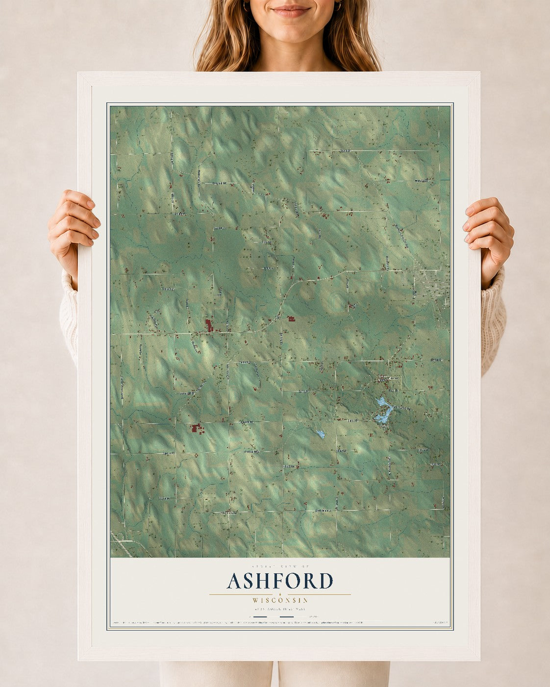 Map of Ashford, Wisconsin, 24 x 36 inch print in a white wood frame