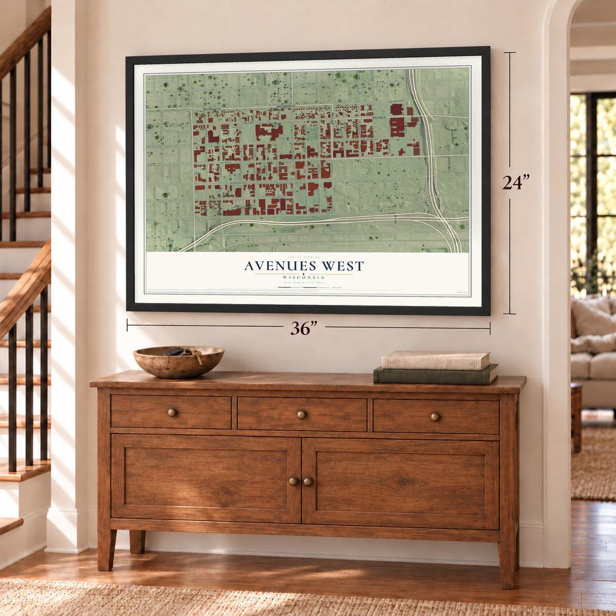Avenues West, Wisconsin map, 24 x 36 inch print in a black frame above a dresser by a staircase