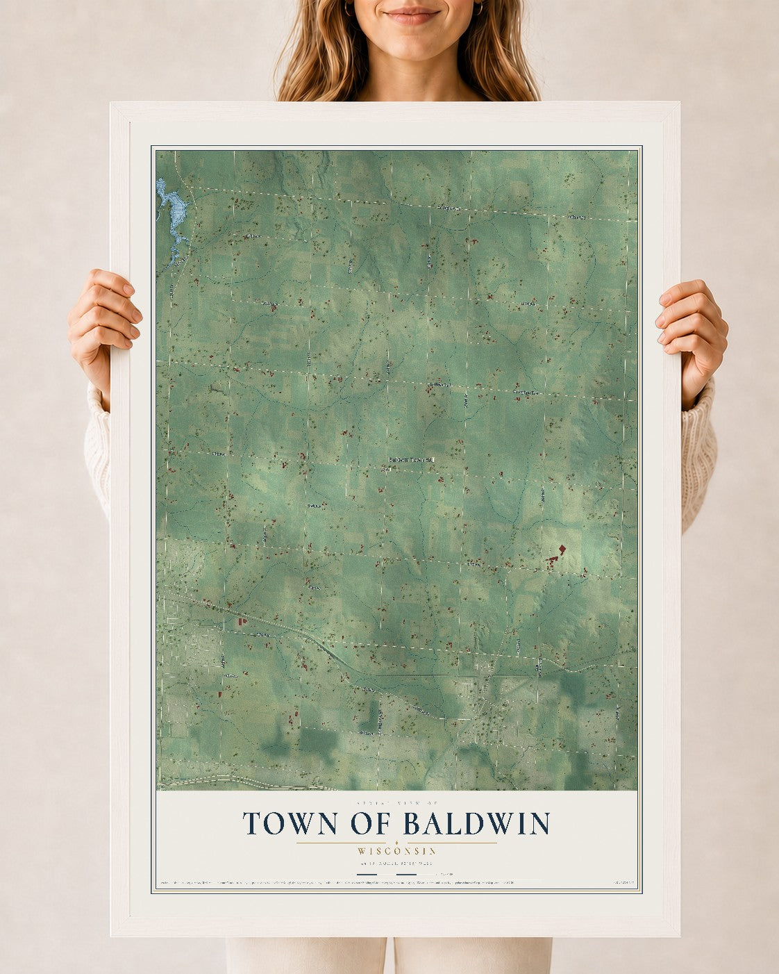 Map of the Town of Baldwin, Wisconsin, 24 x 36 inch print in a white wood frame