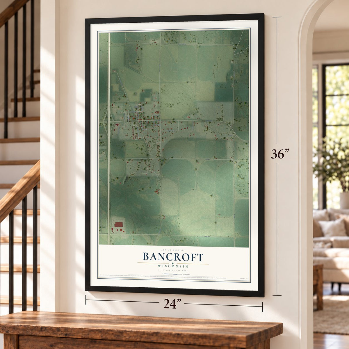 Bancroft, Wisconsin map, 24 x 36 inch print in a black frame by a staircase