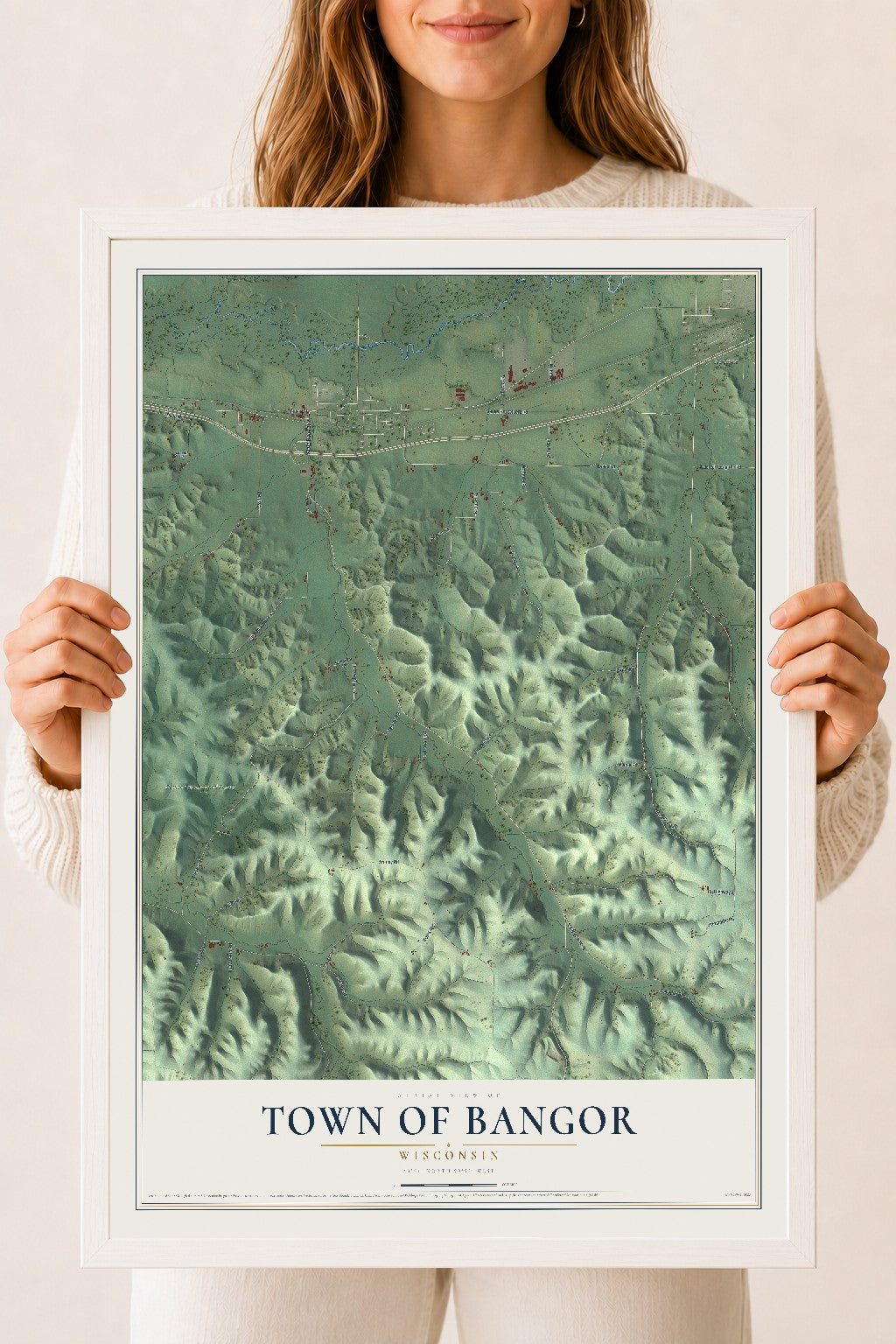 Map of the Town of Bangor, Wisconsin, 18 x 24 inch print in a white wood frame