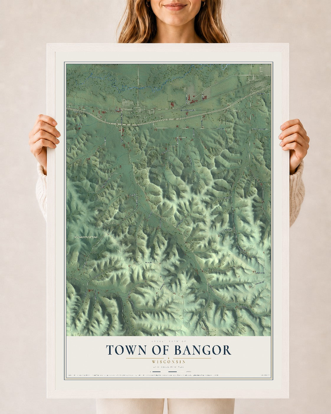 Map of the Town of Bangor, Wisconsin, 24 x 36 inch print in a white wood frame