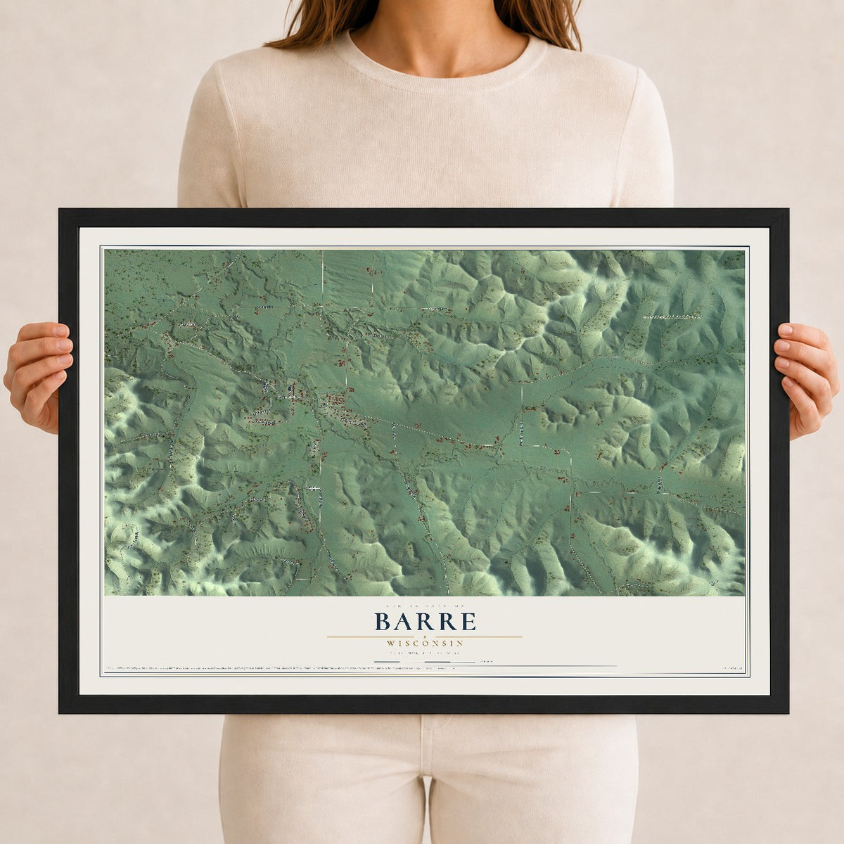 Map of Barre, Wisconsin, 12 x 18 inch print in a black wood frame
