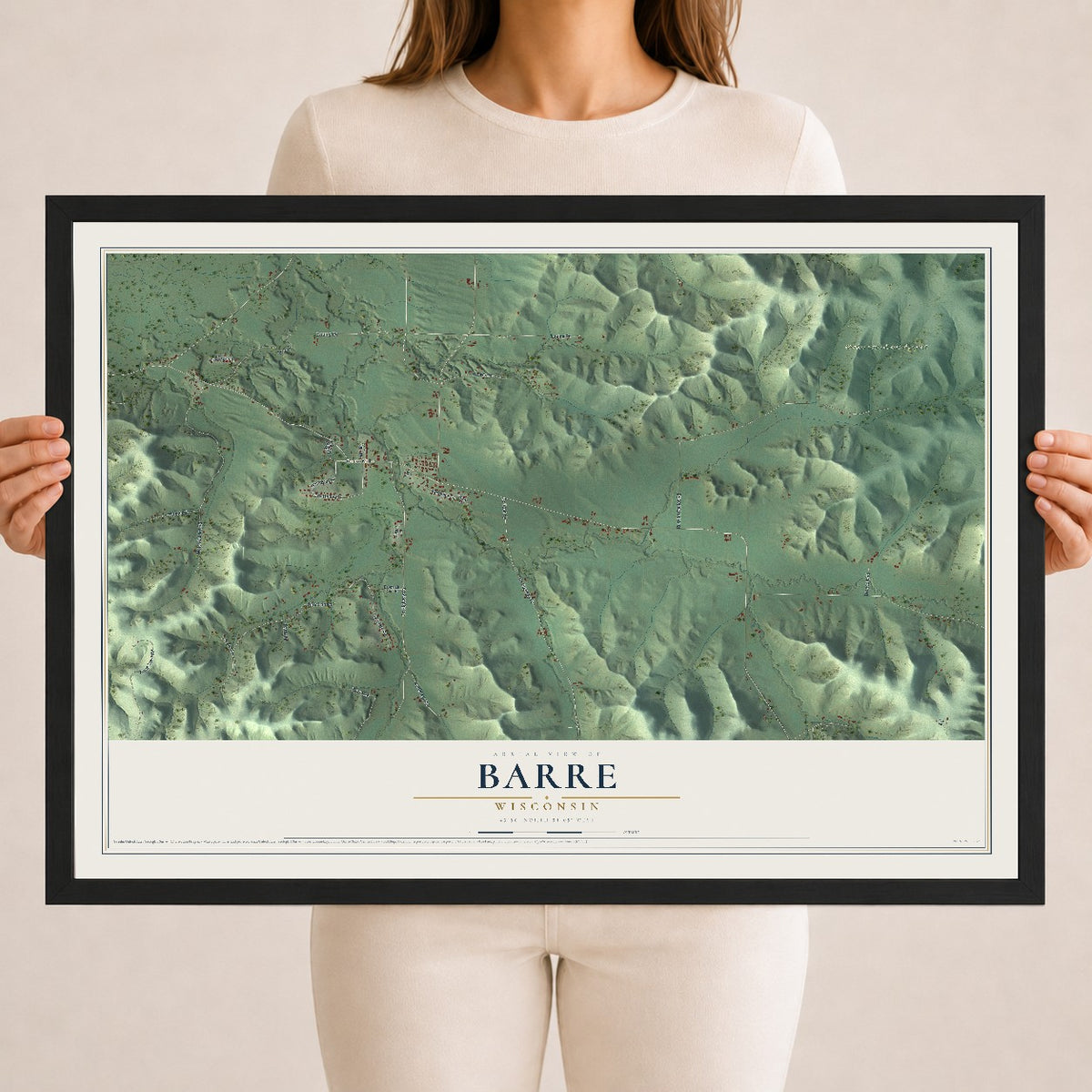 Map of Barre, Wisconsin, 18 x 24 inch print in a black wood frame