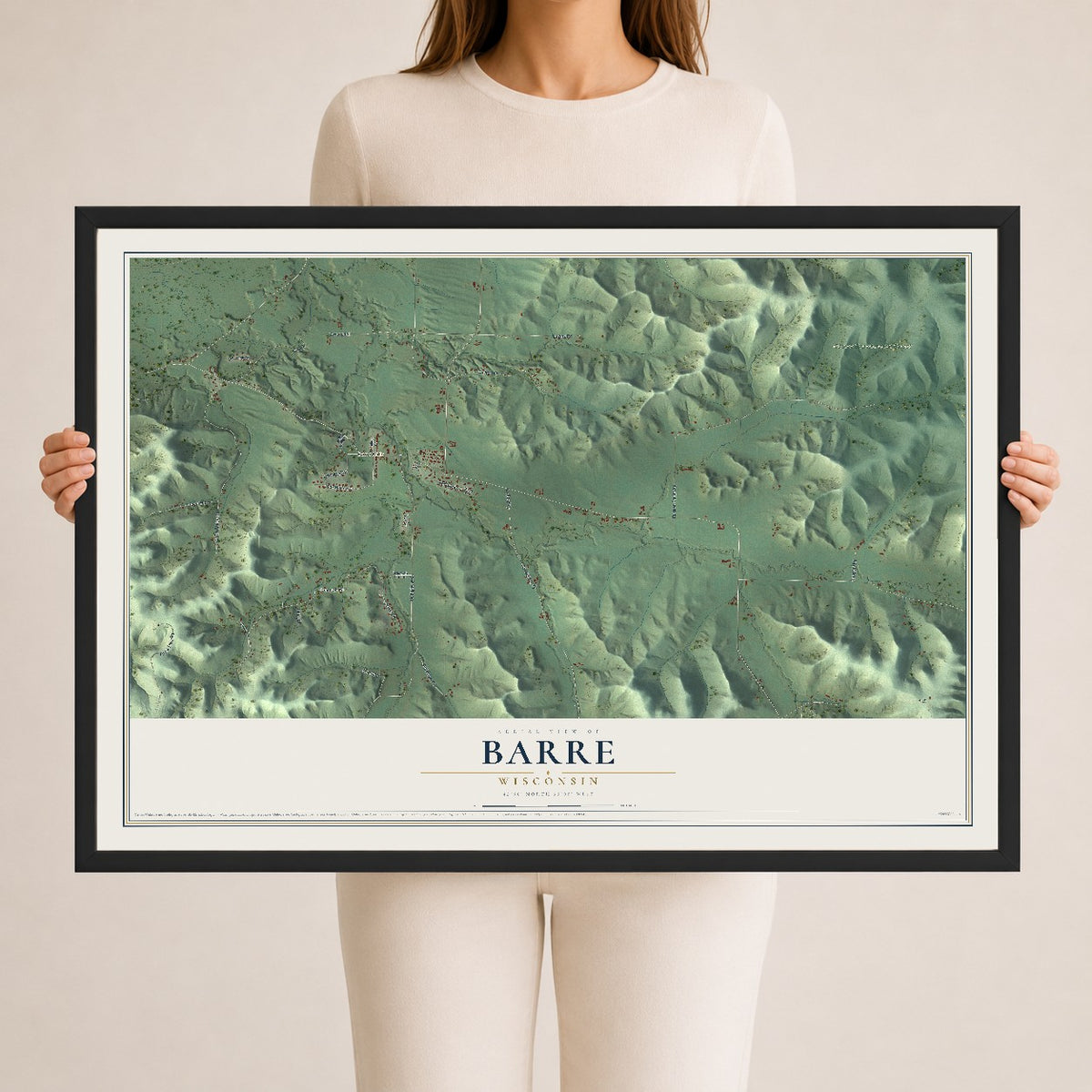 Map of Barre, Wisconsin, 24 x 36 inch print in a black wood frame