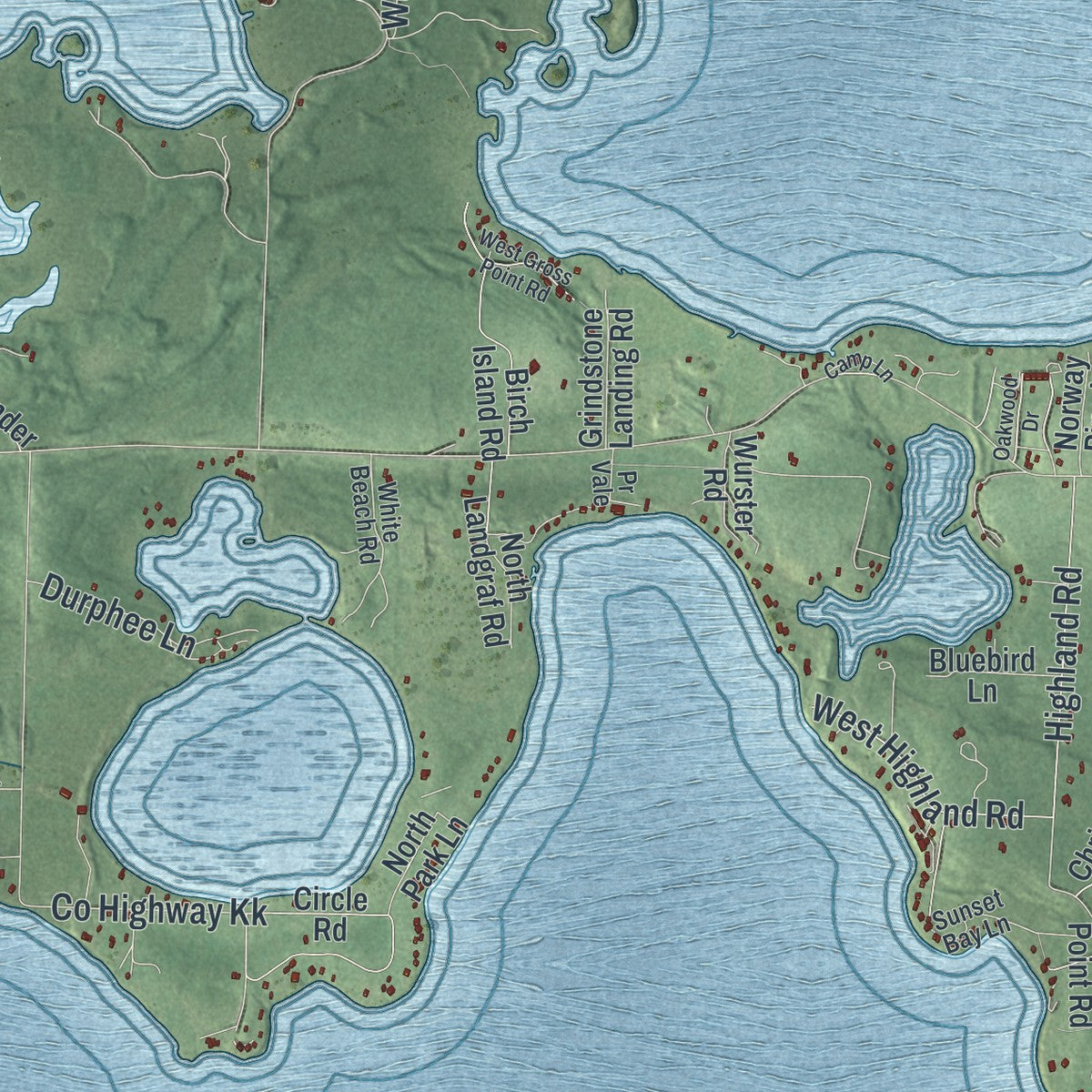 Close-up of the map of Bass Lake, Sawyer County, Wisconsin print showing street and building detail