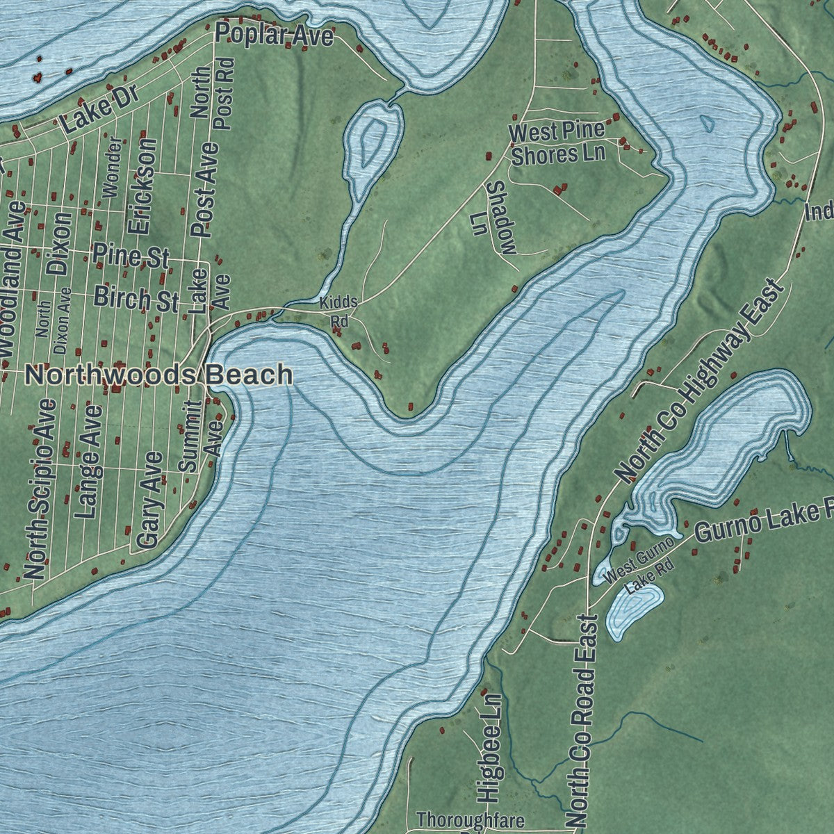 Second close-up of the map of Bass Lake, Sawyer County, Wisconsin print showing more streets and buildings