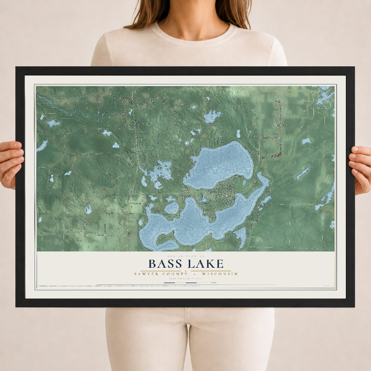 Map of Bass Lake, Sawyer County, Wisconsin, 18 x 24 inch print in a black wood frame